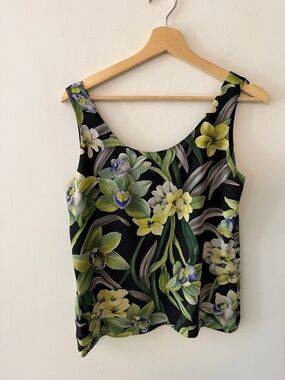 Dana Buchman Black Floral Scoop Neck Tank with Green & Yellow Blooms